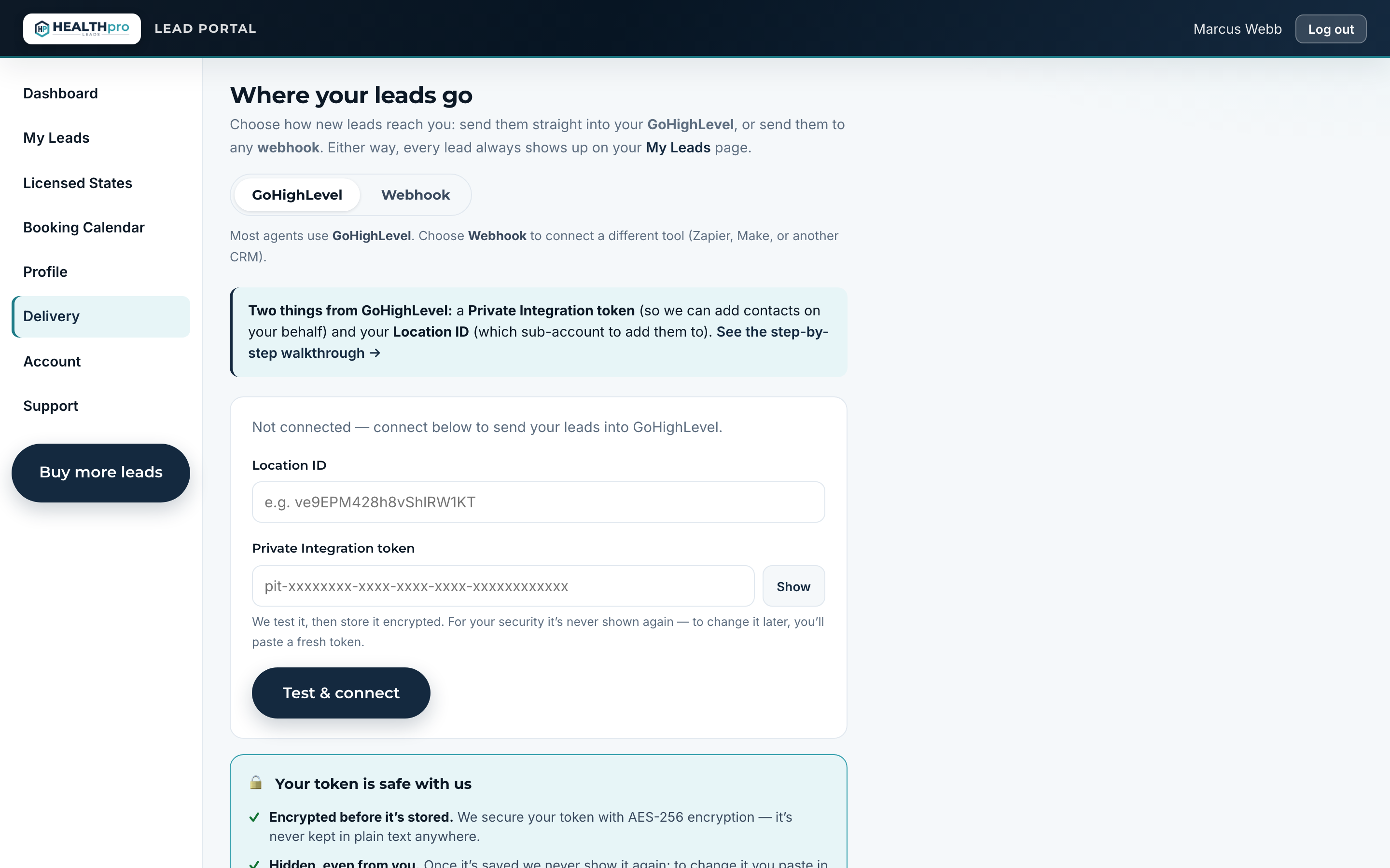 GoHighLevel connection page