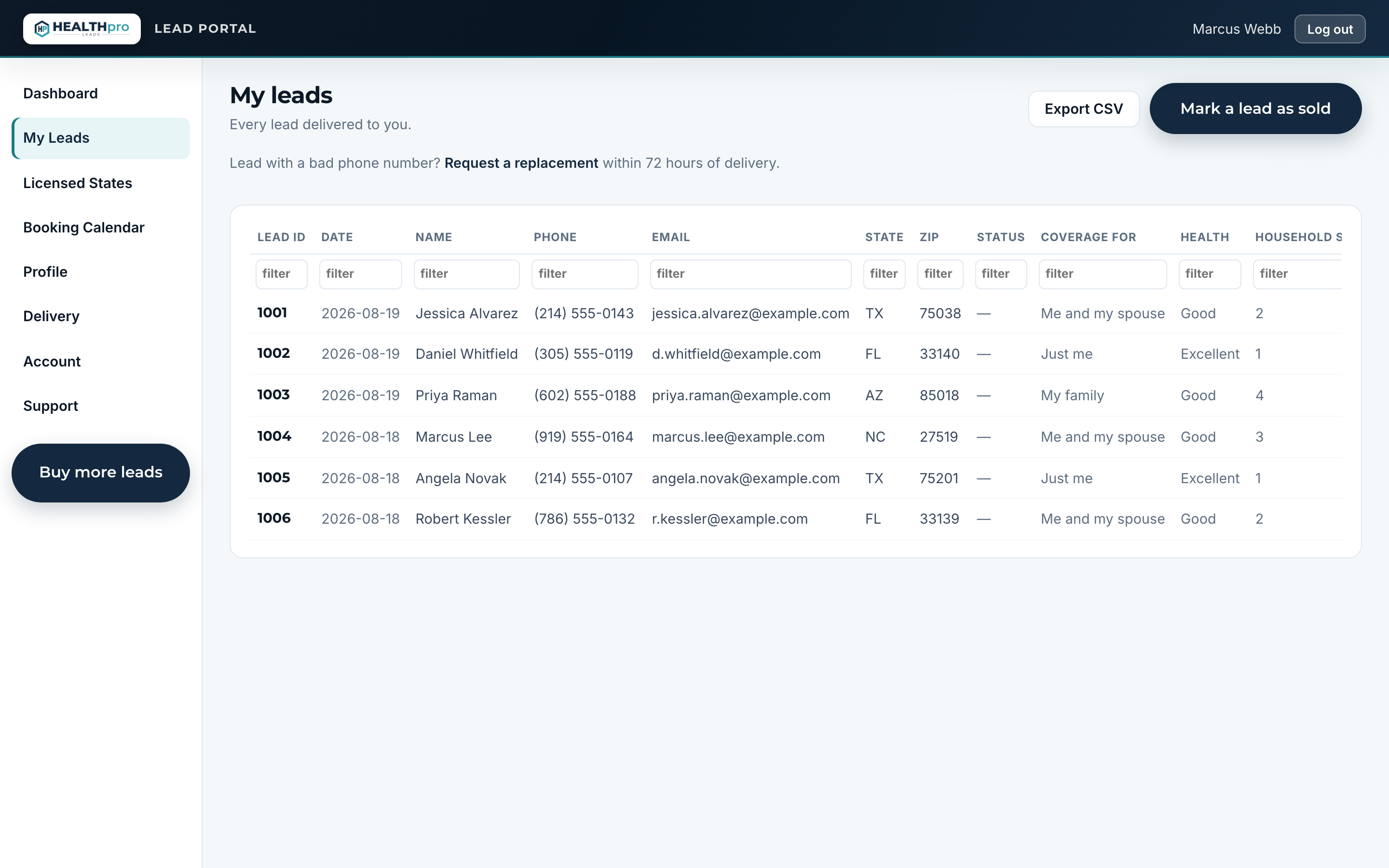 My Leads table in the agent portal