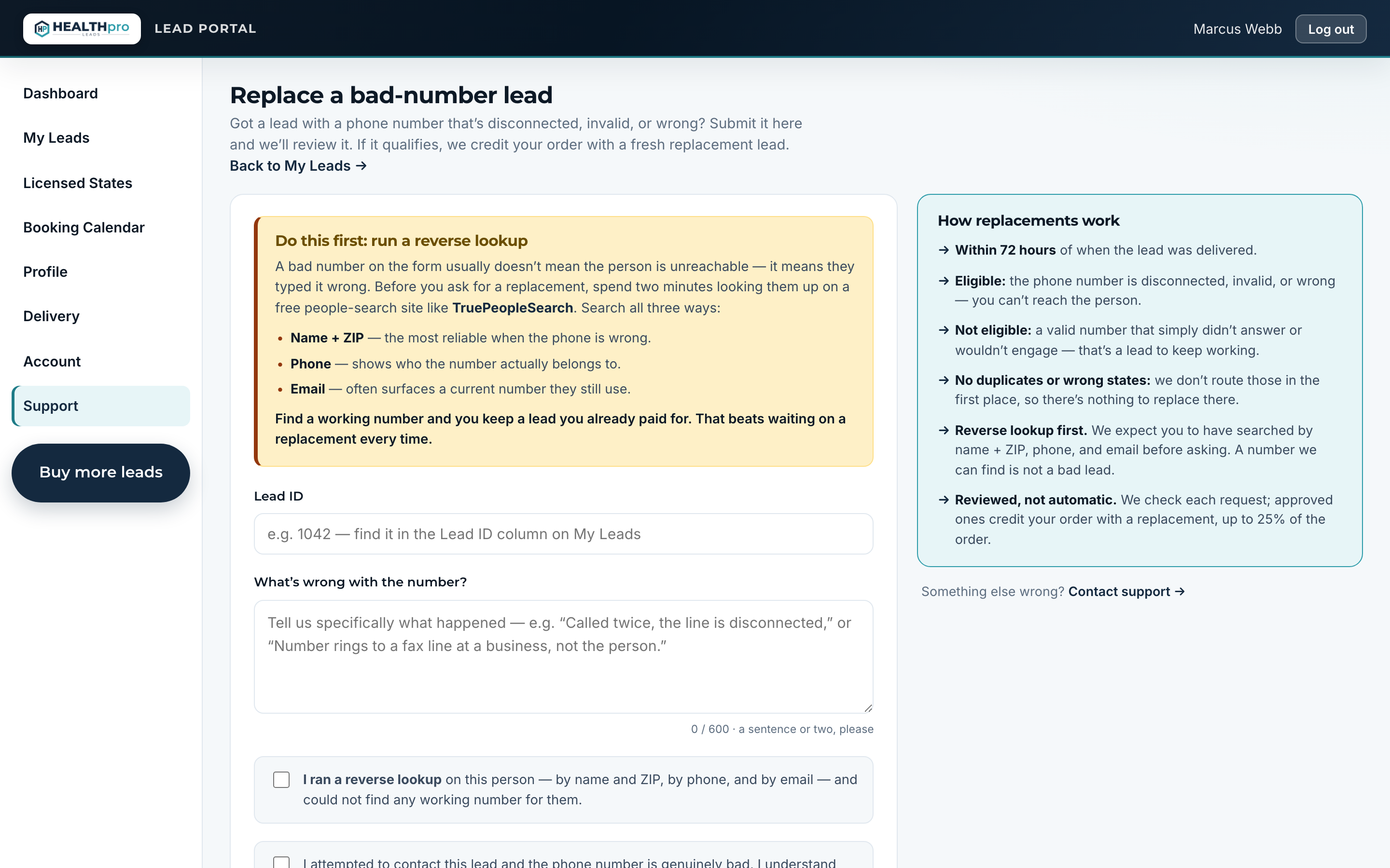 Request a lead replacement page
